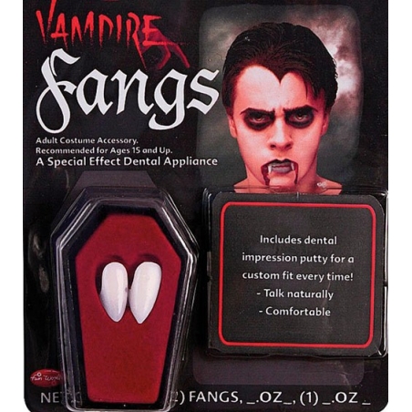 Dents de vampire réalistes avec colle pour réaliser un maquillage de vampire pour Halloween
