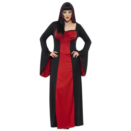 Longue robe noire et rouge à capuche, idéale pour vous transformer en vampire ou en sorcière pour Halloween