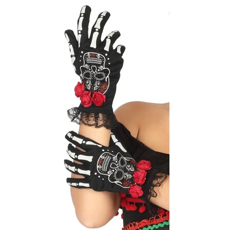 Paire de gants mexicain Dia de los Muertos avec roses et dentelles