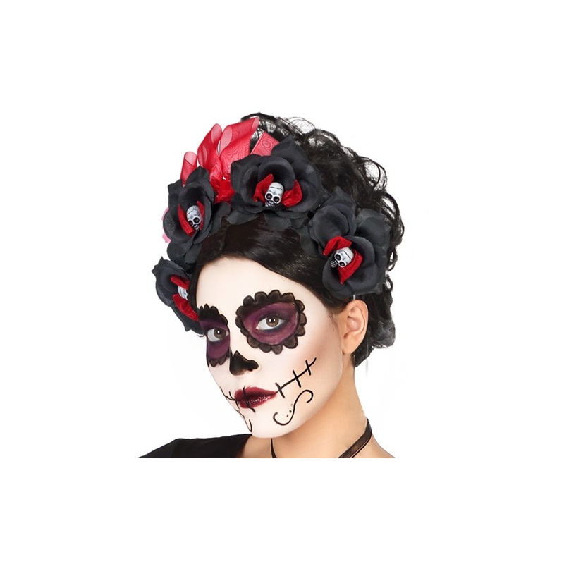 Serre-tête mexicain jour des morts avec roses rouges et noires