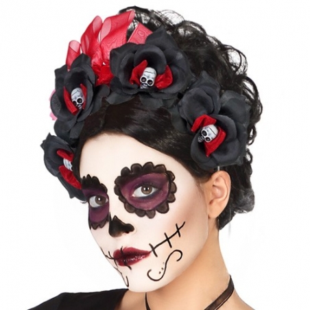 Serre-tête mexicain jour des morts avec roses rouges et noires Serre-tête mexicain jour des morts avec roses rouges et noires