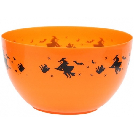 Saladier orange Halloween décoré de sorcières et de chauves-souris