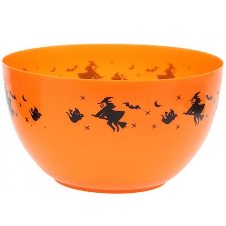 Saladier orange Halloween décoré de sorcières et de chauves-souris Saladier orange Halloween décoré de sorcières et de chauves-souris