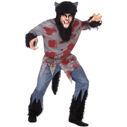 déguisement homme loup garou idéal pour se déguiser pour halloween, costume avec pantalon, t-shirt, ceinture et cagoule
