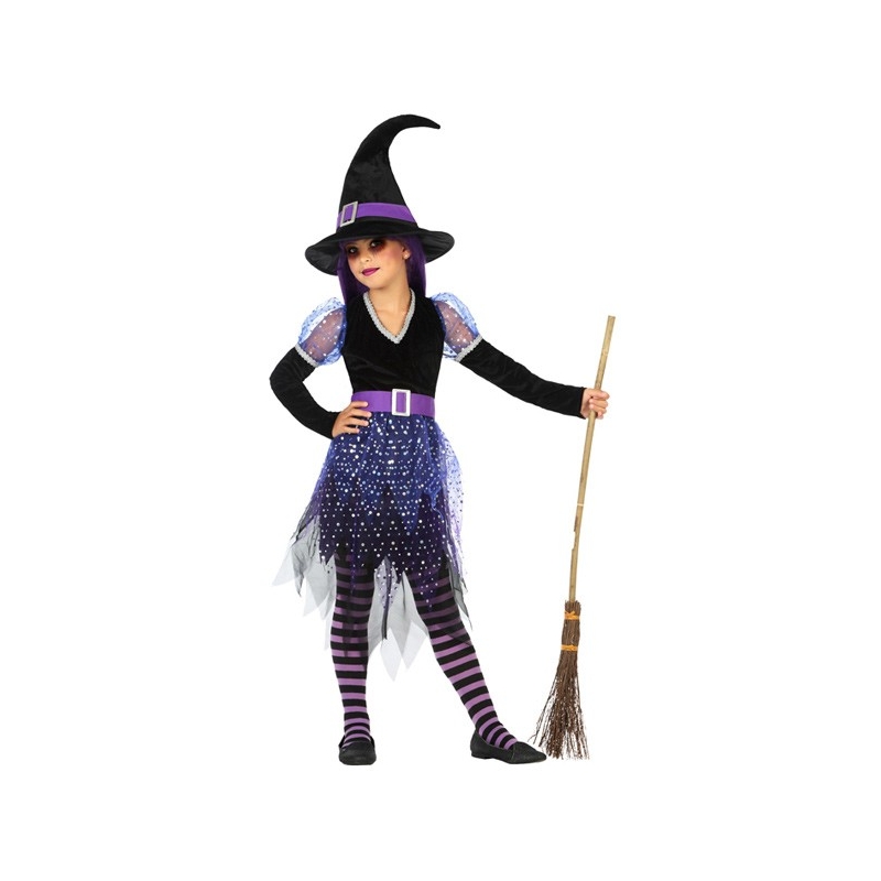 Déguisement de sorcière violette pour fille de 3 à 12 ans, robe avec paillettes et chapeau