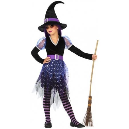 Déguisement de sorcière violette pour fille de 3 à 12 ans, robe avec paillettes et chapeau