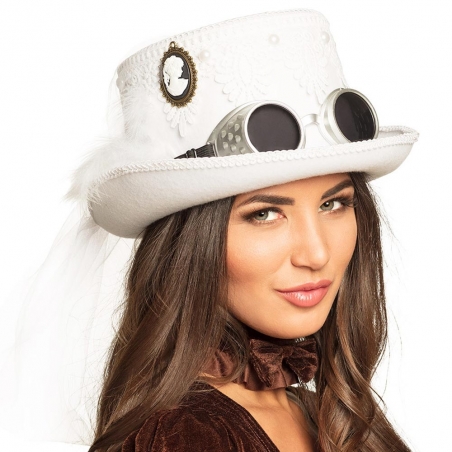 Chapeau Steampunk blanc avec dentelles au crochet et voile, le chapeau idéal pour un mariage steampunk
