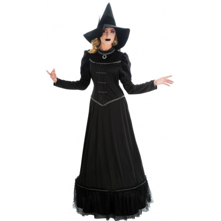 déguisement de sorcière noire pour femme, longue robe avec chapeau