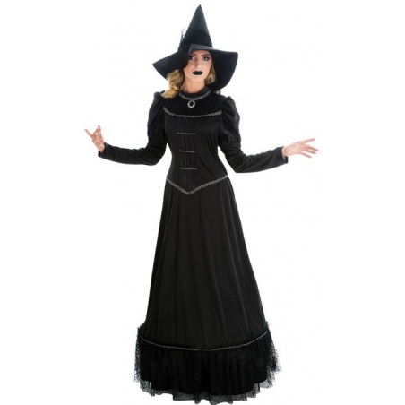 déguisement de sorcière noire pour femme, longue robe avec chapeau déguisement de sorcière noire pour femme, longue robe avec chapeau