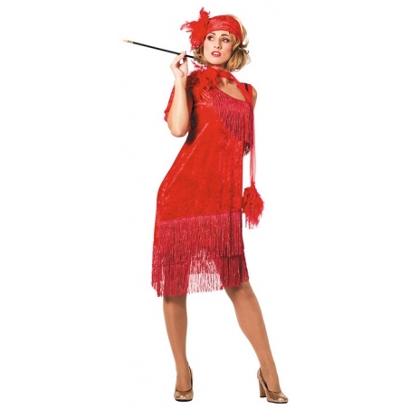 Déguisement charleston rouge luxe, longue robe rouge avec franges et bandeau assorti