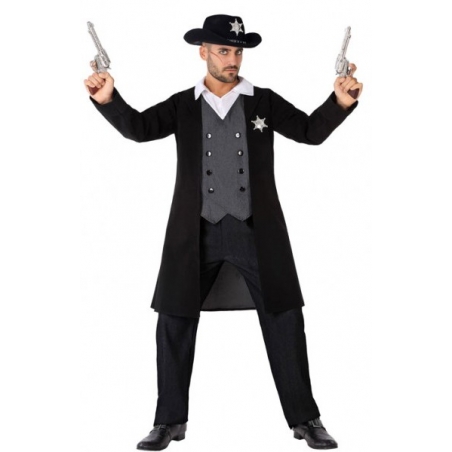 Déguisement de shérif noir pour homme, veste avec plastron et pantalon Déguisement de shérif noir pour homme, veste avec plastron et pantalon