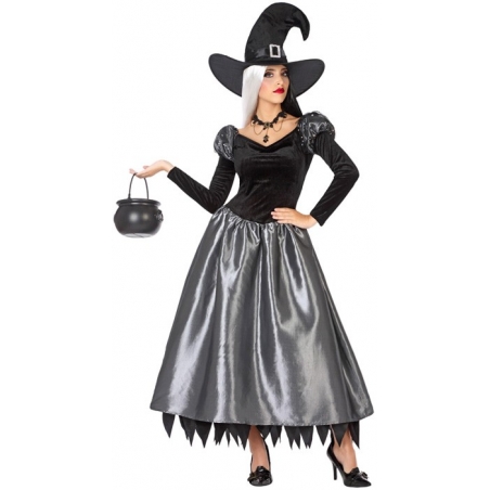 déguisement de sorcière pour femme argent avec robe et chapeau - Halloween