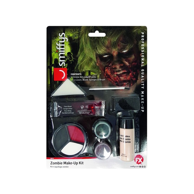 Le kit de maquillage complet pour réaliser un maquillage de zombie pour Halloween avec latex liquide, faux sang et grimages
