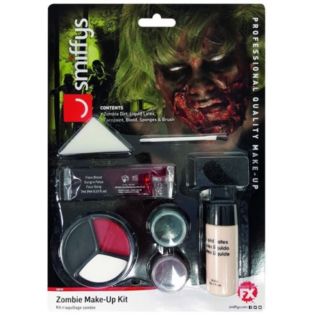 Le kit de maquillage complet pour réaliser un maquillage de zombie pour Halloween avec latex liquide, faux sang et grimages