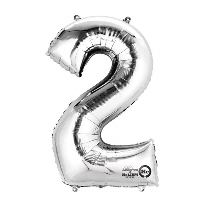 Ballon chiffre 2 argent 55 x 83 cm conçu pour un gonflage hélium