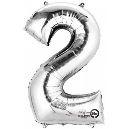 Ballon chiffre 2 argent 55 x 83 cm conçu pour un gonflage hélium