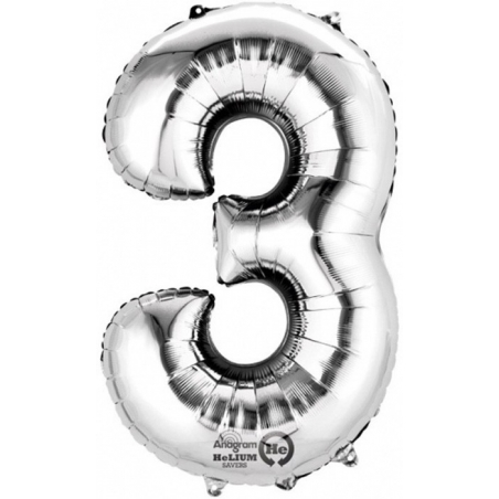 Ballon hélium chiffre 3 argent pour décoration fête d'anniversaire