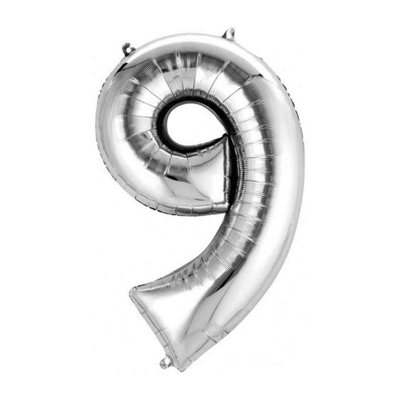 Grand ballon chiffre 9 argent 86 x 55 cm, ballon anniversaire conçu pour être gonflé à l'hélium