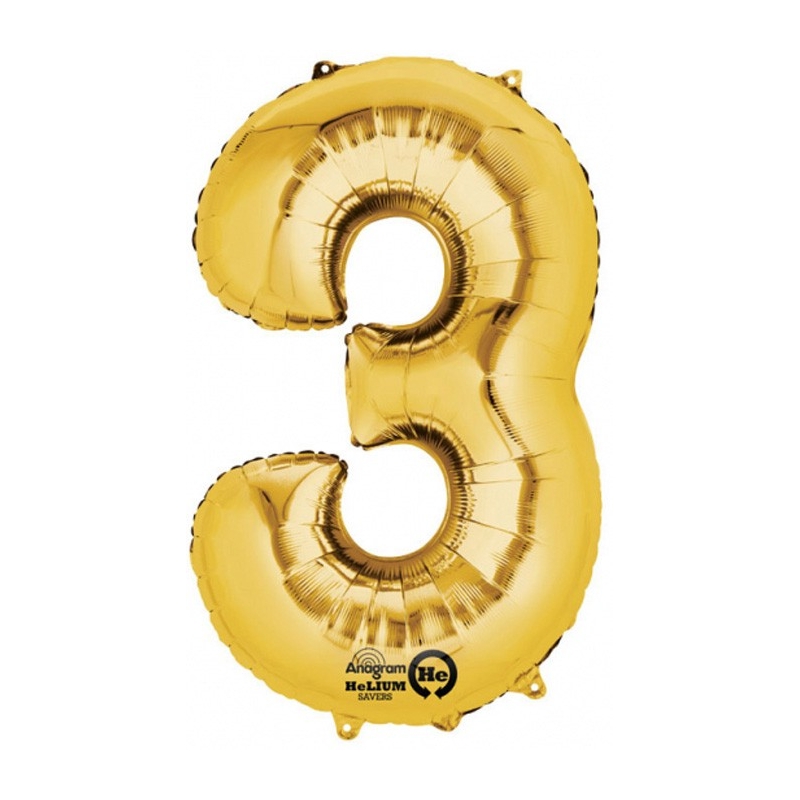 Anniversaire - Ballon chiffre 3 couleur or 86 x 50 cm - Hélium