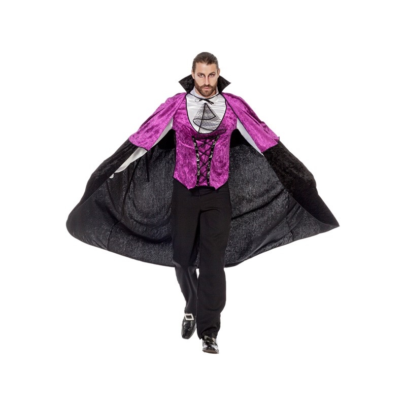 Déguisement de vampire pour homme, pantalon noir et haut de couleur violet avec jabot et cape