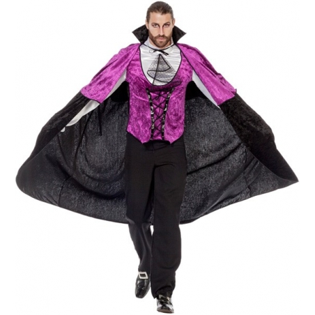 Déguisement de vampire pour homme, pantalon noir et haut de couleur violet avec jabot et cape