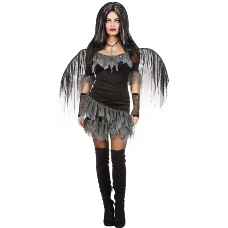 déguisement d'ange noir pour femme avec robe et paire d'ailes idéal pour une fête d'halloween