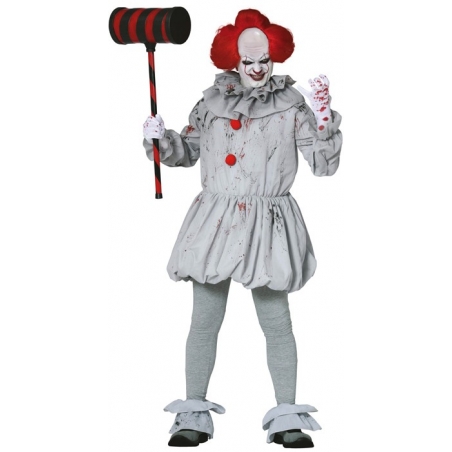 Déguisement de clown tueur gris pour adulte avec tunique, collerette et sur-chaussures Déguisement de clown tueur gris pour adulte avec tunique, collerette et sur-chaussures