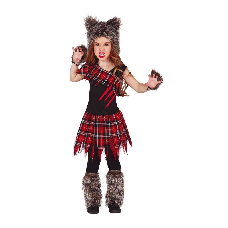 Déguisement de loup-garou pour fille, robe avec capuche avec oreilles de loup, mitaines et paire de couvre-chaussures