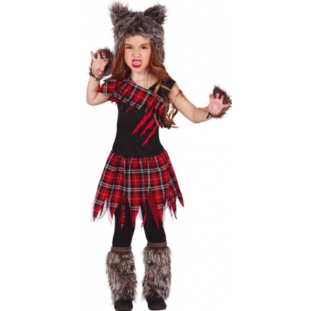 Déguisement de loup-garou pour fille, robe avec capuche avec oreilles de loup, mitaines et paire de couvre-chaussures