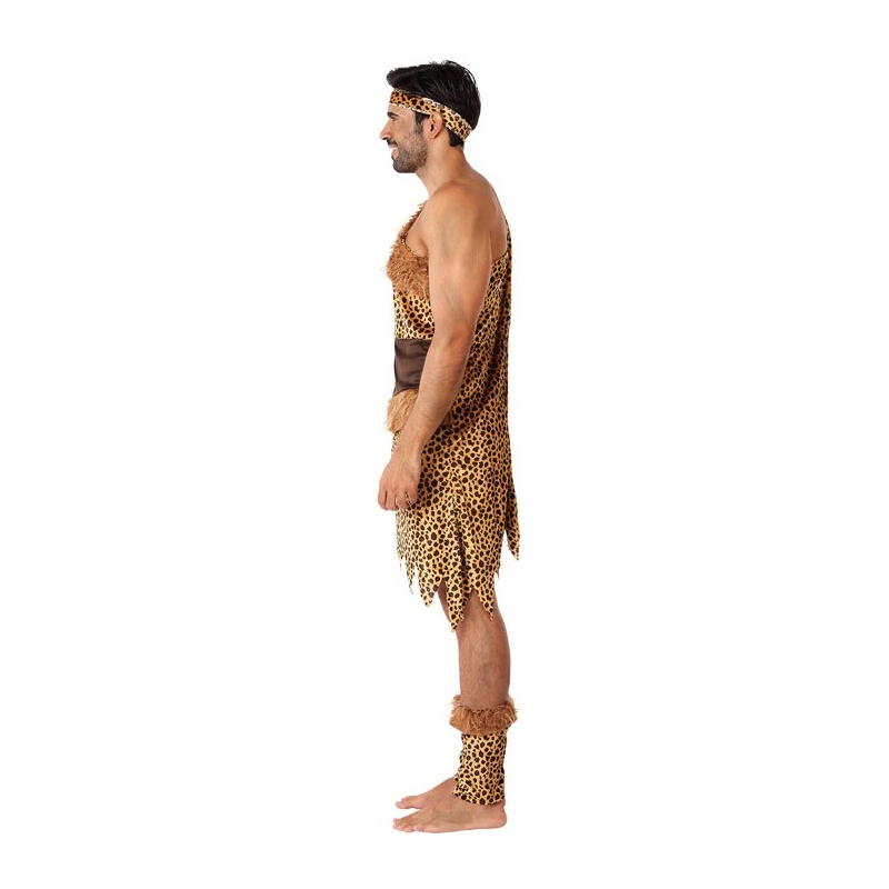 déguisement d'homme de cro-magnon pour adulte avec tunique, ceinture, bandeau et couvre-mollets