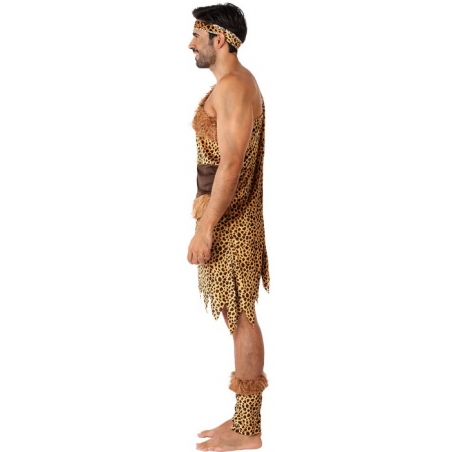 déguisement d'homme de cro-magnon pour adulte avec tunique, ceinture, bandeau et couvre-mollets