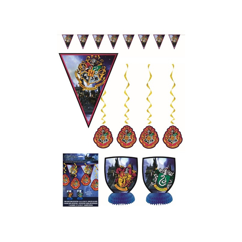 Kit de décoration anniversaire Harry Potter : 1 guirlande de fanions, 2 centre de table et 4 décorations à suspendre