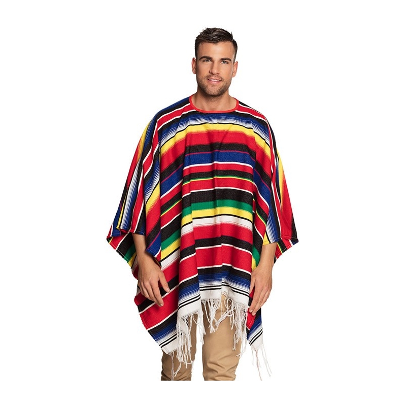 Poncho mexicain à rayures multicolores d'environ 140 x 155 cm