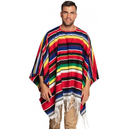 Poncho mexicain à rayures multicolores d'environ 140 x 155 cm