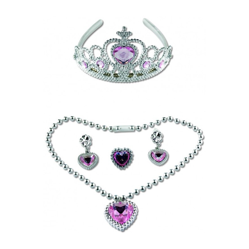 Panoplie de princesse avec couronne, collier, bague et boucles d'oreilles décorés de cœurs roses clair