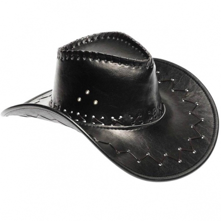 Chapeau de cowboy noir effet cuir idéal pour vos soirées Western ou Country Chapeau de cowboy noir effet cuir idéal pour vos soirées Western ou Country