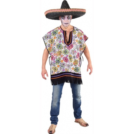 Poncho Mexicain Jour des Morts pour homme présenté avec une suggestion de maquillage squelette Poncho Mexicain Jour des Morts pour homme présenté avec une suggestion de maquillage squelette
