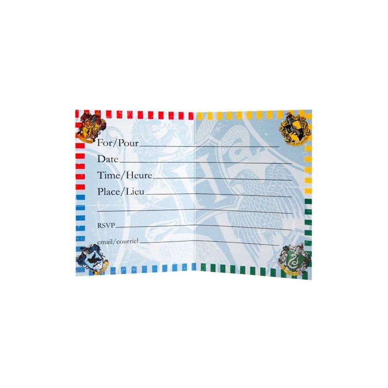 Invitation Harry Potter qui reprend les couleurs et blason des 4 maisons de Poudlard
