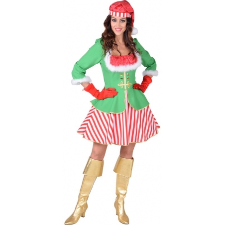 déguisement lutin de Noël pour femme avec robe et bonnet également disponible en grandes tailles