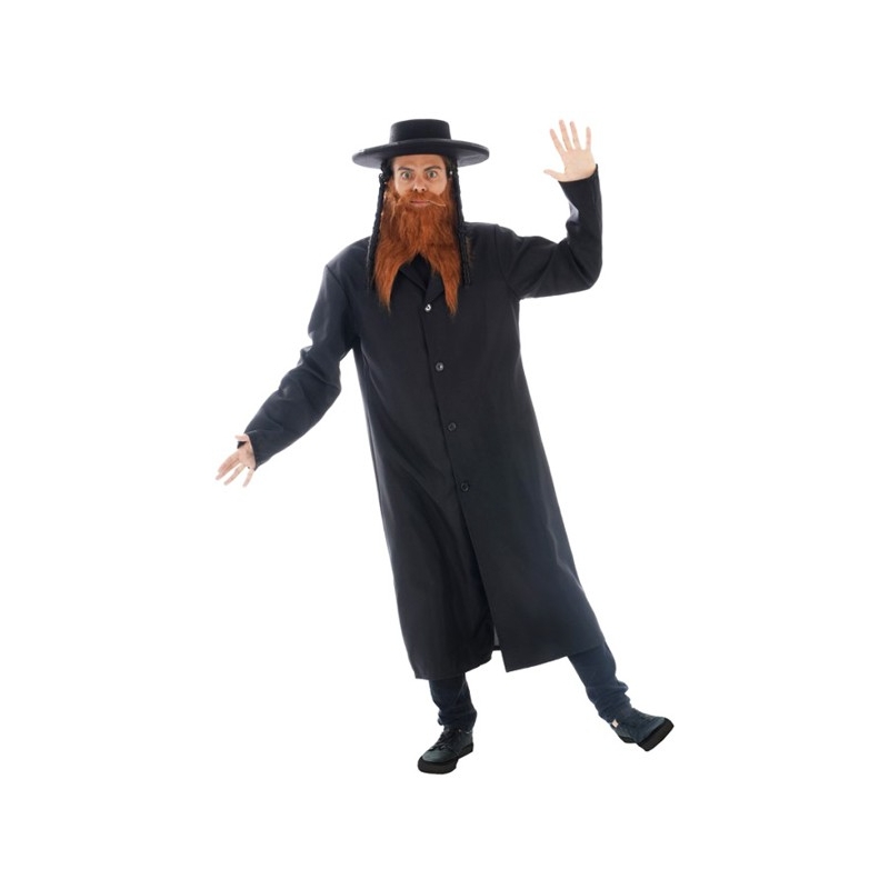 déguisement de Rabbi Jacob pour adulte avec manteau, barbe et chapeau avec anglaises