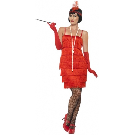 Déguisement Charleston rouge pour femme avec robe, paire de gants et bandeau Déguisement Charleston rouge pour femme avec robe, paire de gants et bandeau
