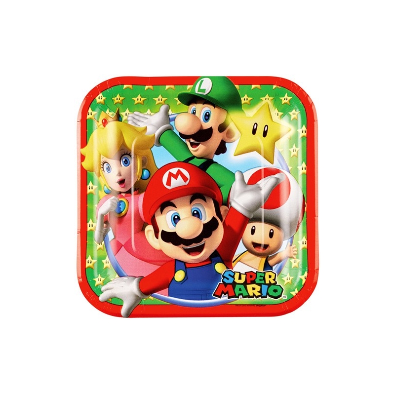 8 petites assiettes Super Mario carrée 18 cm, un lot idéal pour décorer vos tables pour son anniversaire Mario