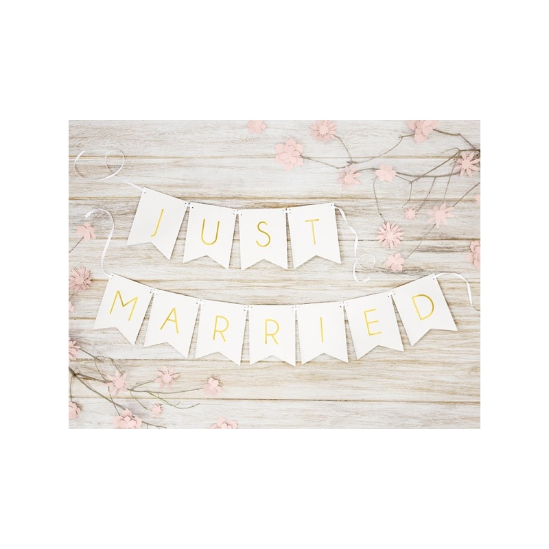 Guirlande de fanions de couleur blanc et or - Just Married
