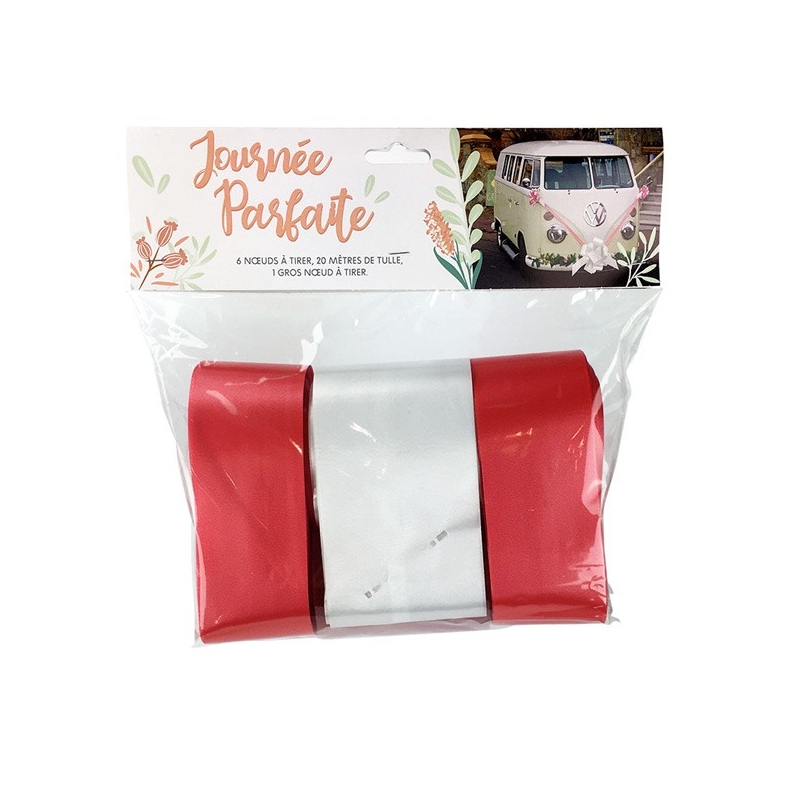 Kit de décoration pour voiture de mariage de couleur rouge avec rubans, tulle et nœuds
