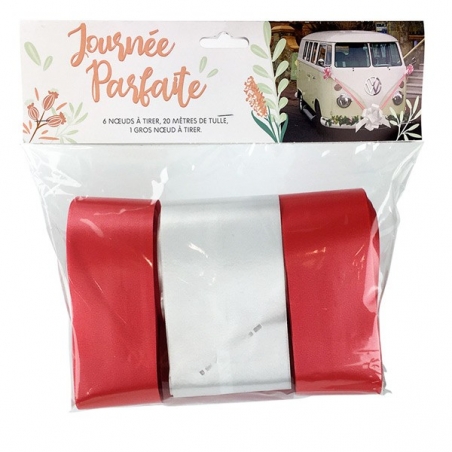 Kit de décoration pour voiture de mariage de couleur rouge avec rubans, tulle et nœuds