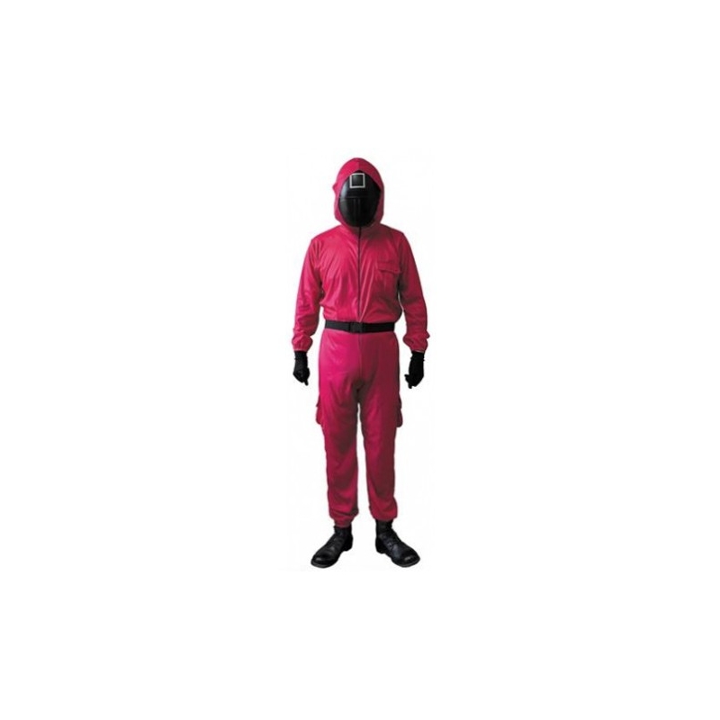 Déguisement gardien de jeu combinaison rose avec masque symbole carré
