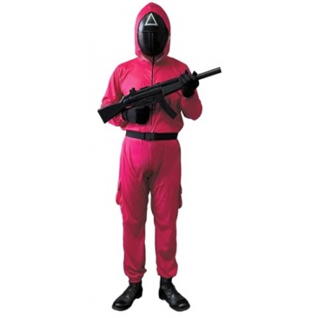 Déguisement de gardien de jeu, combinaison rose avec masque triangle, gants et ceinture Déguisement de gardien de jeu, combinaison rose avec masque triangle, gants et ceinture