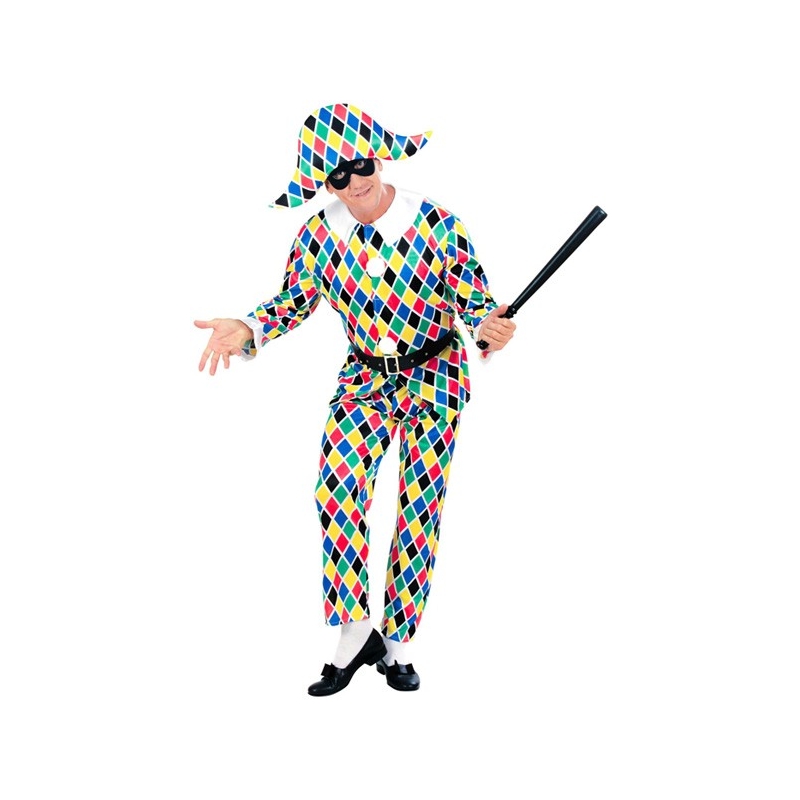 déguisement Arlequin pour homme avec haut, pantalon, ceinture et chapeau