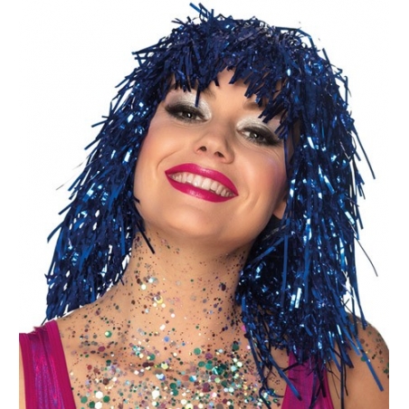 Perruque disco bleue à l'effet métallique idéale pour une soirée années 70 Perruque disco bleue à l'effet métallique idéale pour une soirée années 70