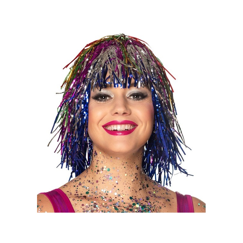 Perruque multicolore avec effet métallique idéale pour une soirée disco